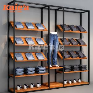 Industrial Style Men’s Jeans Display Rack with Metal Frame and Wooden Shelves