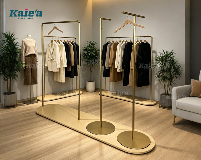 Wood and gold-colored stainless steel clothing display stand