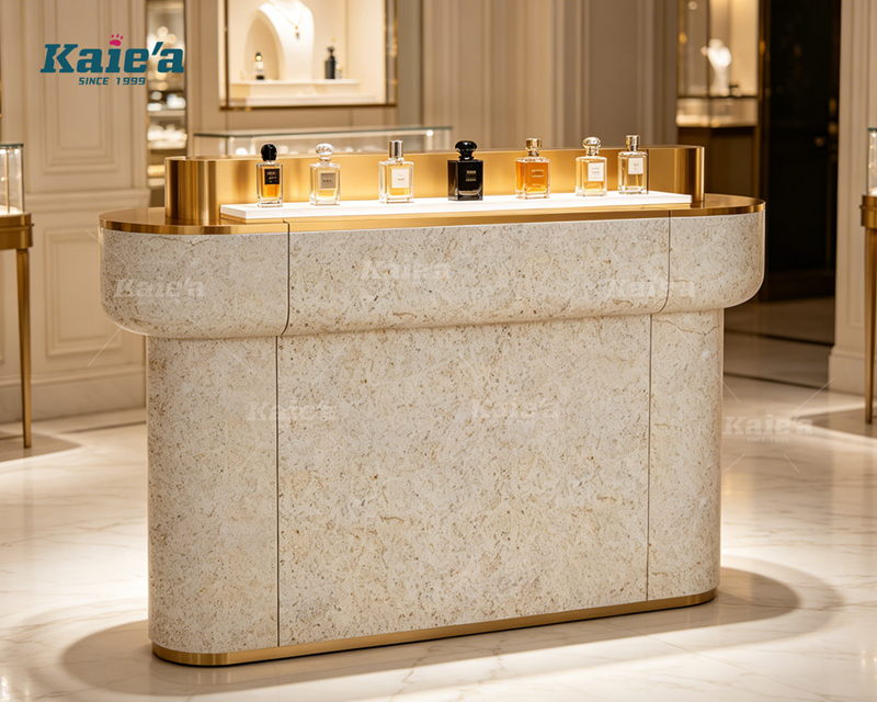 Stone-finished perfume display stand