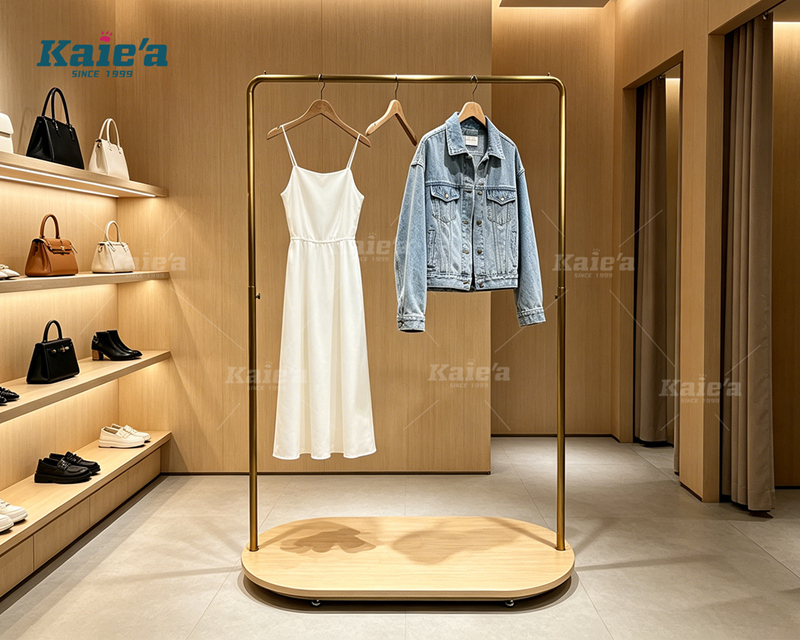 Brushed gold-colored stainless steel clothing display stand