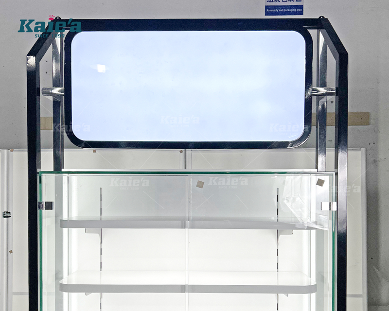 White shelf board skincare product display cabinet
