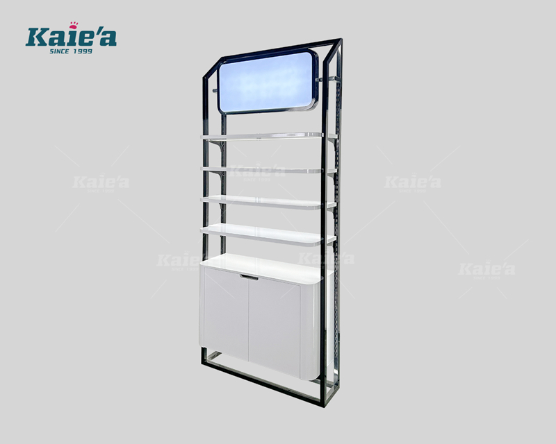 White shelf board skincare product display cabinet
