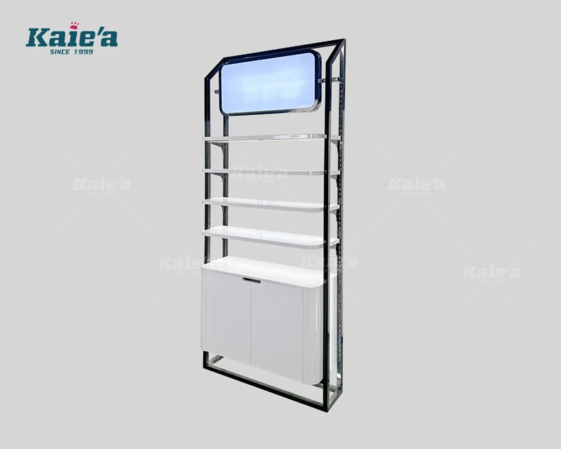 White shelf  board skincare product display cabinet
