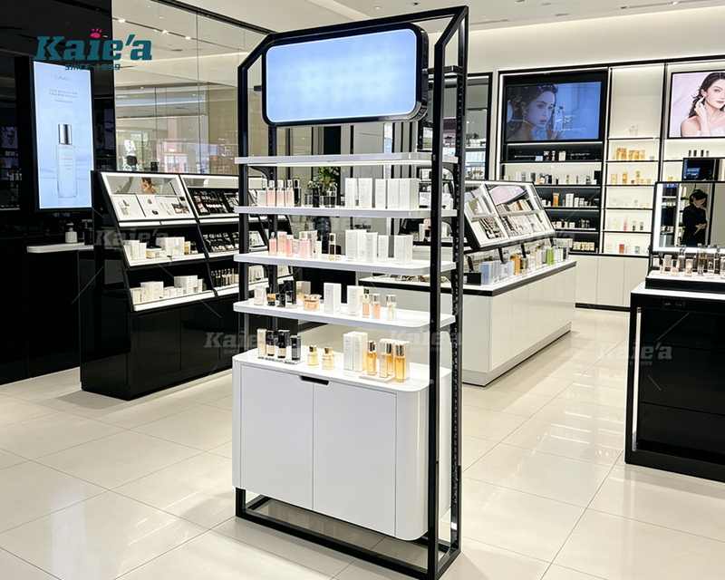 White shelf board skincare product display cabinet