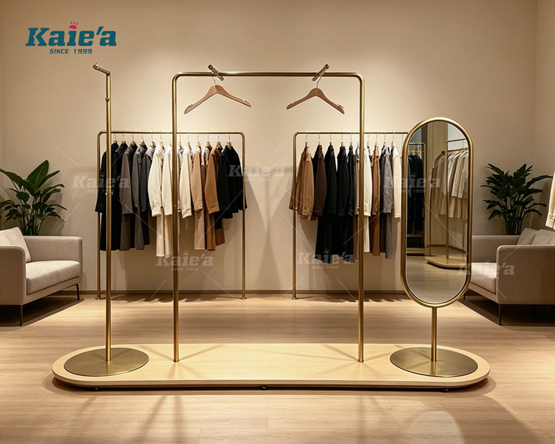 Wood and gold-colored stainless steel clothing display stand