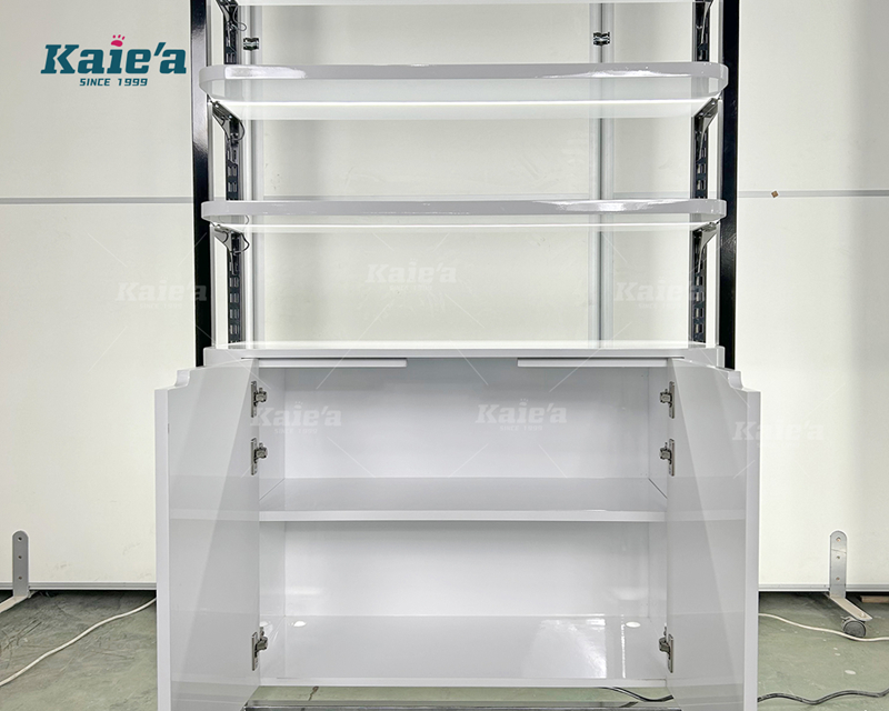 White shelf board skincare product display cabinet
