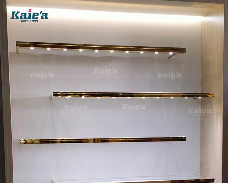 Shoe store - Wooden high counter with glass shelf