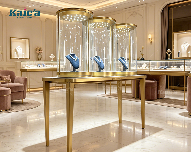 Luxurious jewelry display table with cylindrical glass display cabinets