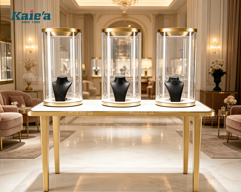 Luxurious jewelry display table with cylindrical glass display cabinets
