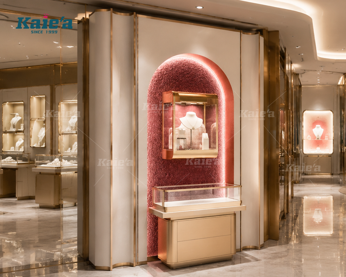 Wall Curved Jewelry Necklace Showcase with Spotlights