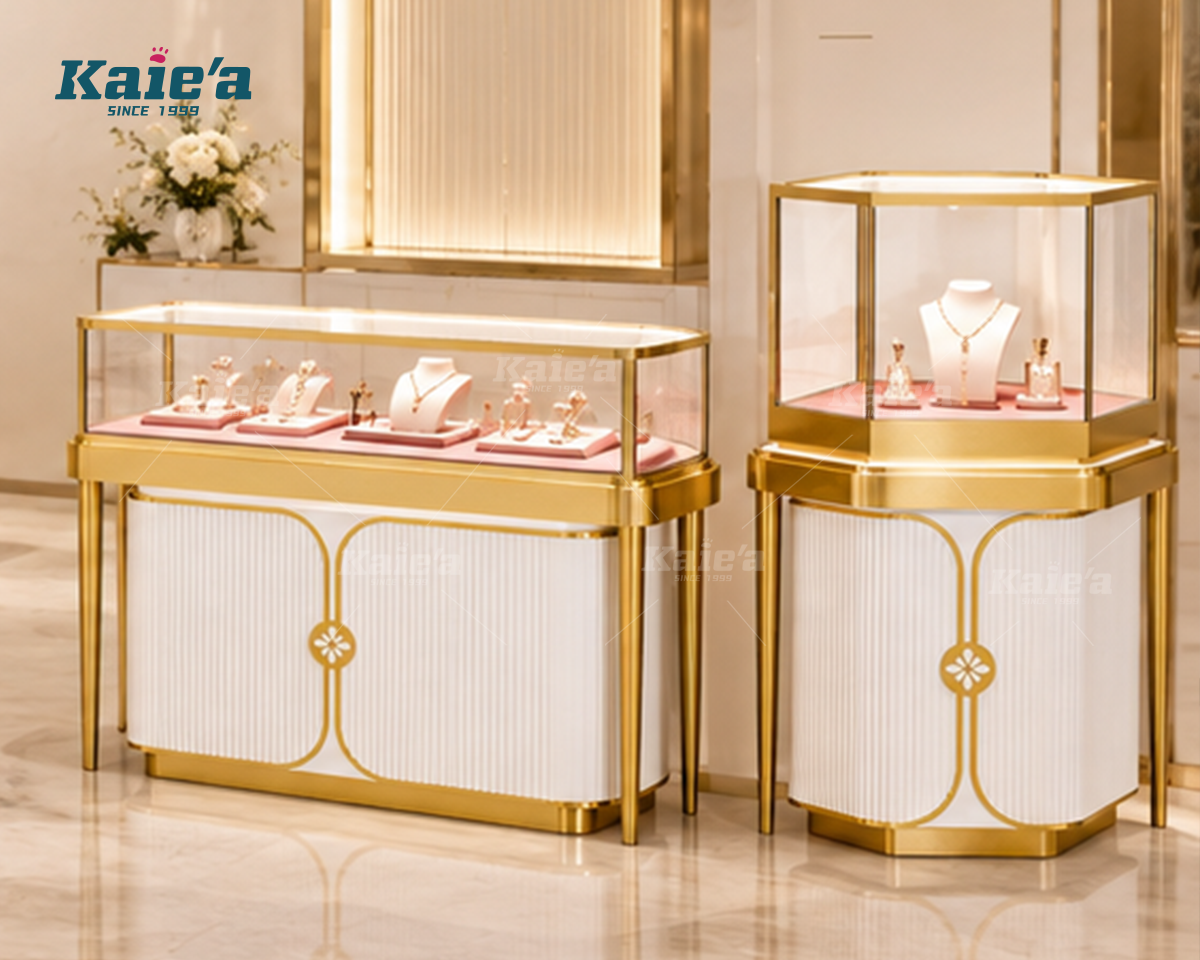 Rectangular Gold Rim Jewelry Showcase Cabinet