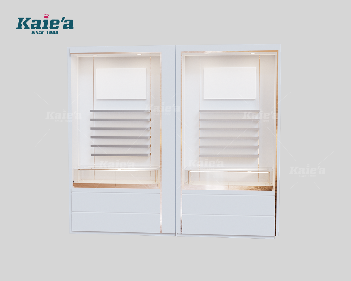 Wall Mounted Eyewear Display Cabinet with LED Lighting & Drawers