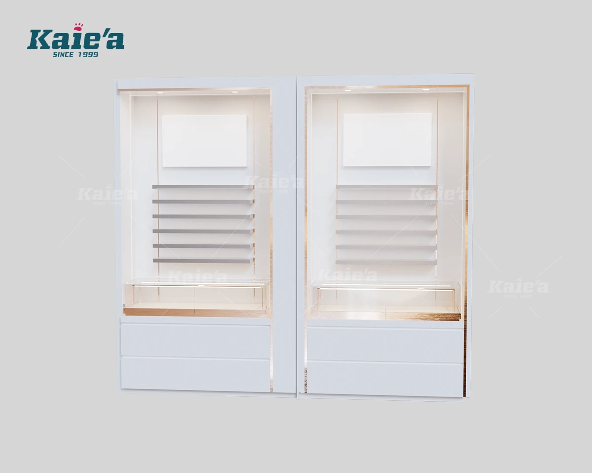 Wall Mounted Eyewear Display Cabinet with LED Lighting & Drawers