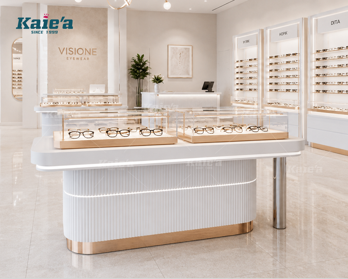 Wall Mounted Eyewear Display Cabinet with LED Lighting & Drawers