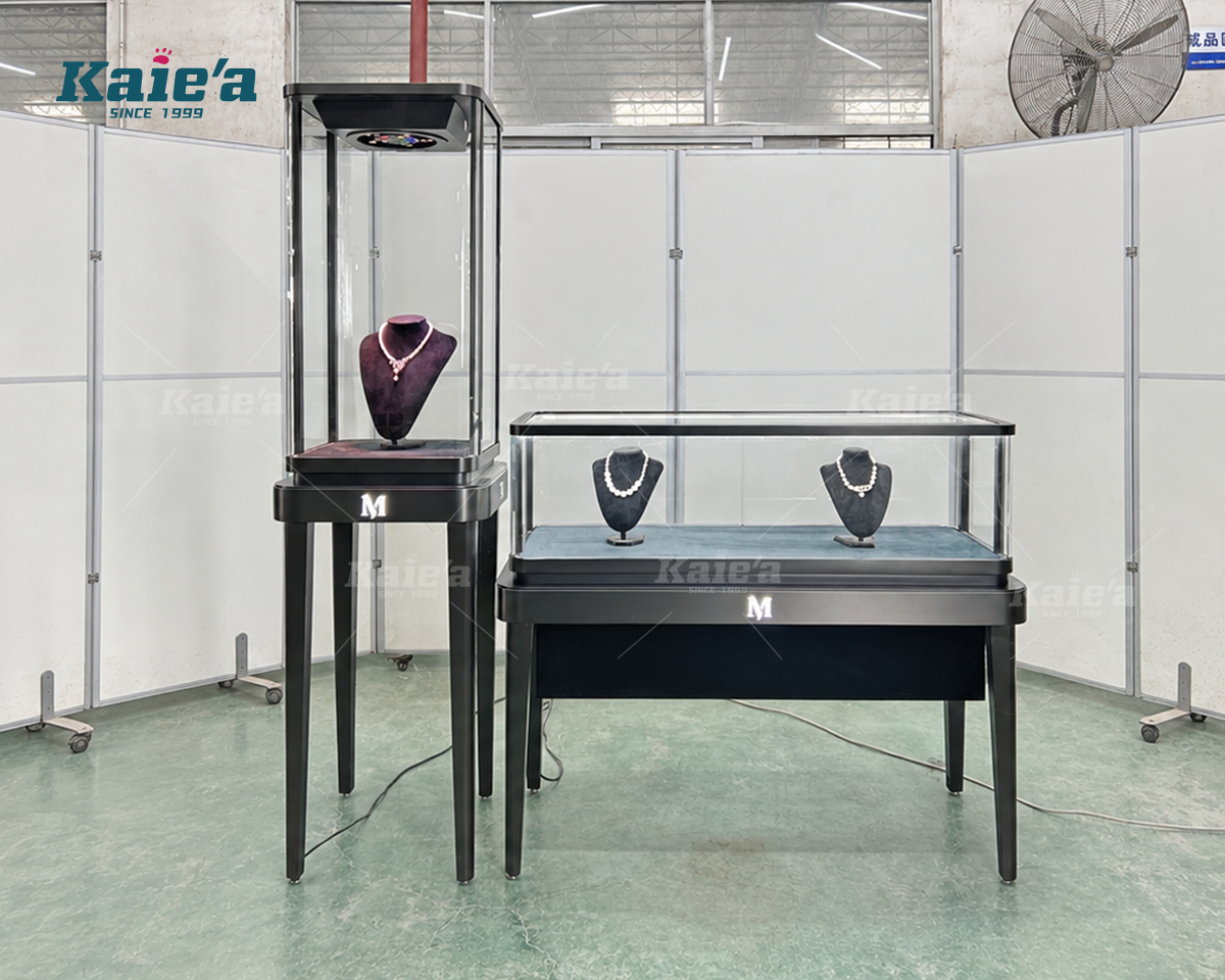 Dark Finish Jewelry Kiosk with Free Standing Vitrines