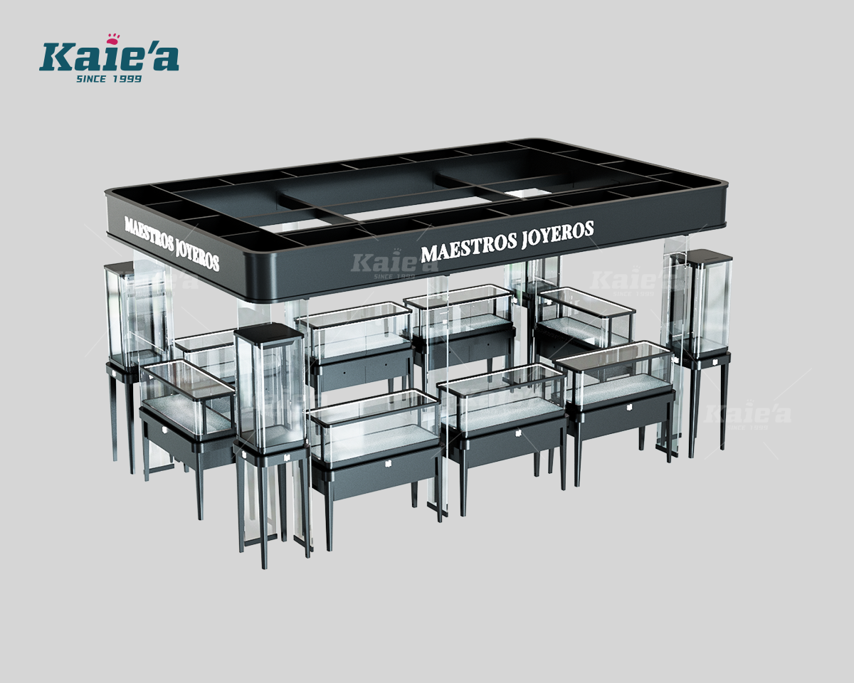Dark Finish Jewelry Kiosk with Free Standing Vitrines