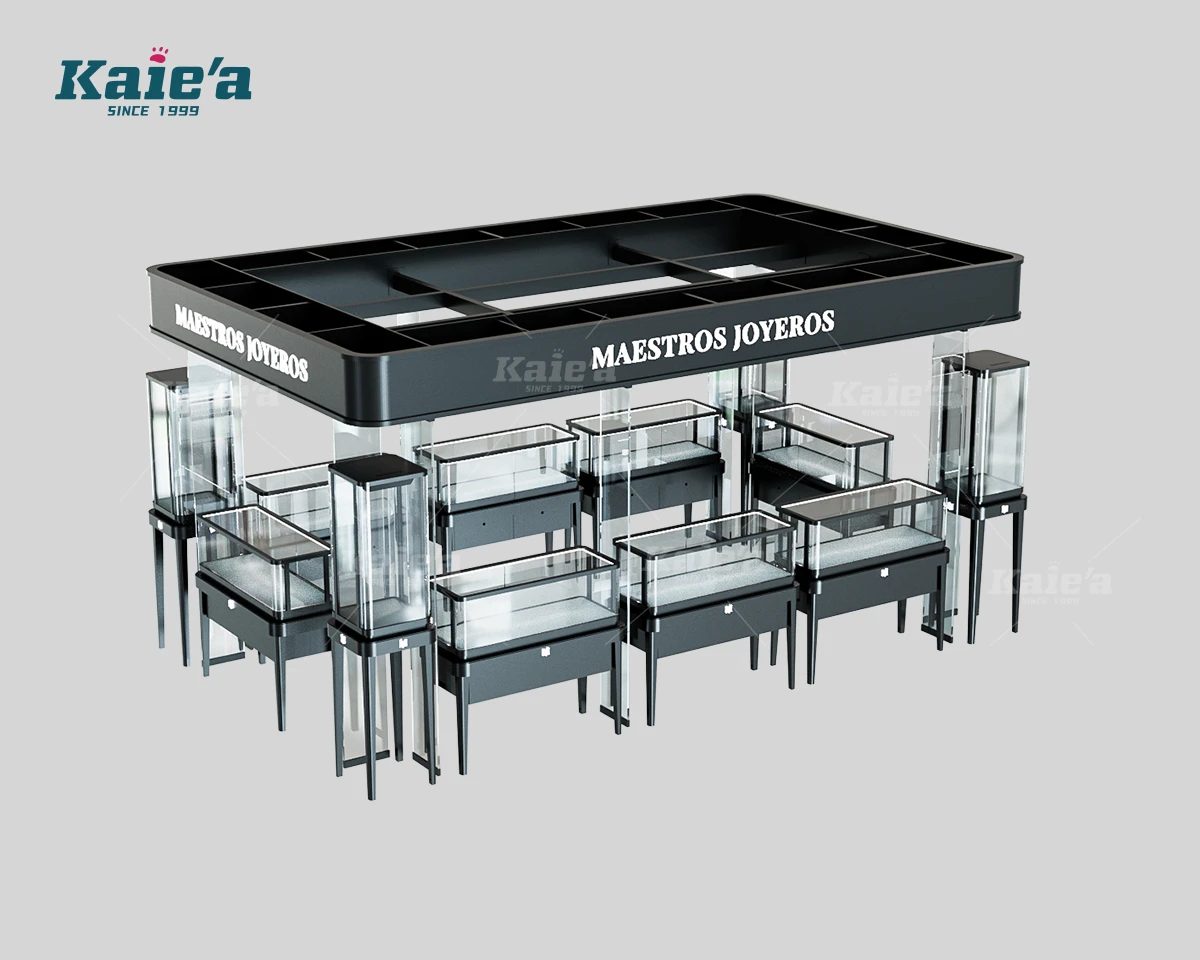 Dark Finish Jewelry Kiosk with Free Standing Vitrines