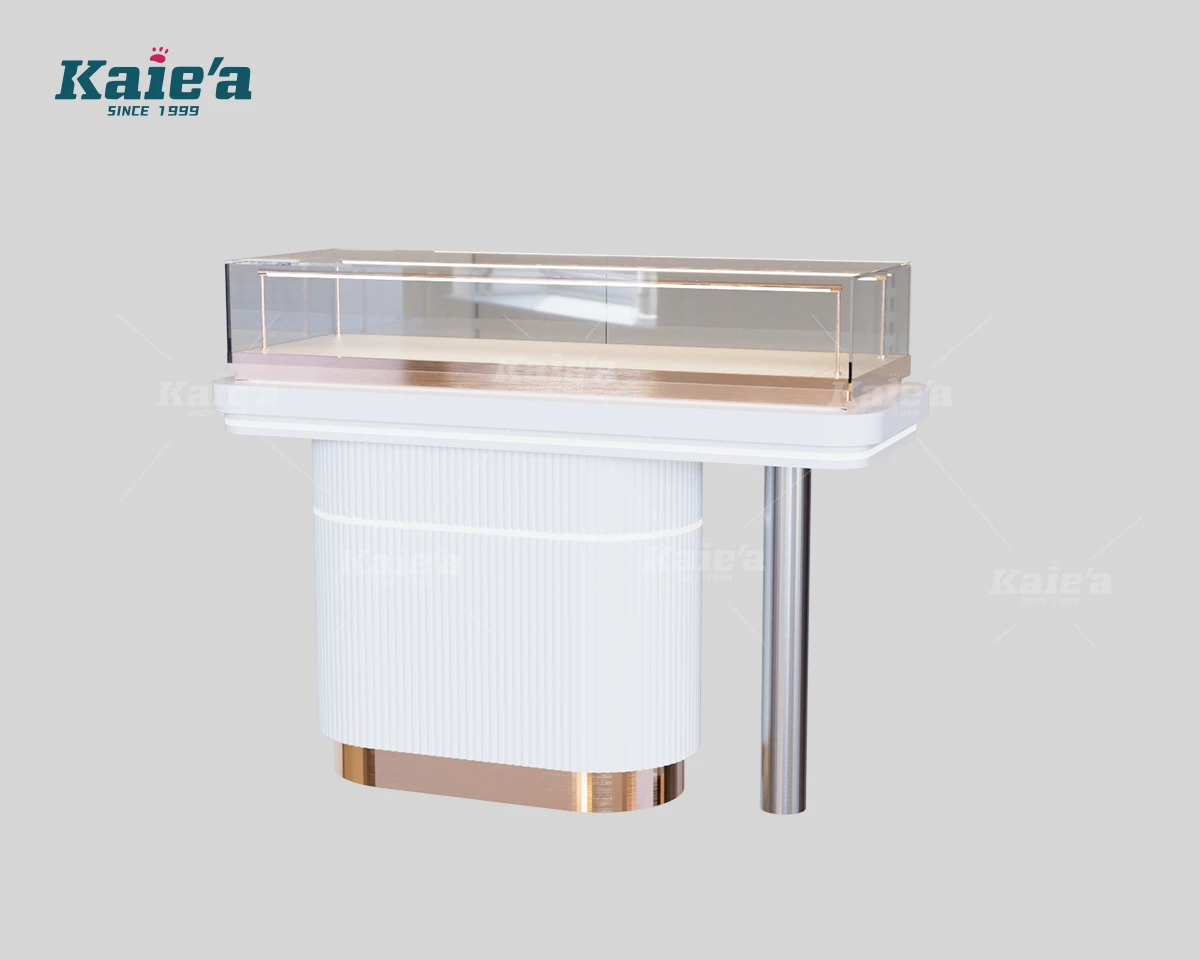 White Fluted Optical Shop Island Display Vitrine with Rose Gold Trim
